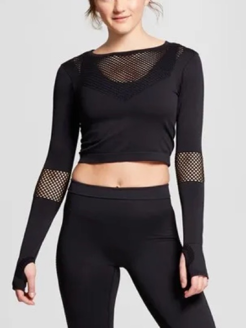 Black Long-Sleeve Seamless Crop Top with Fishnet